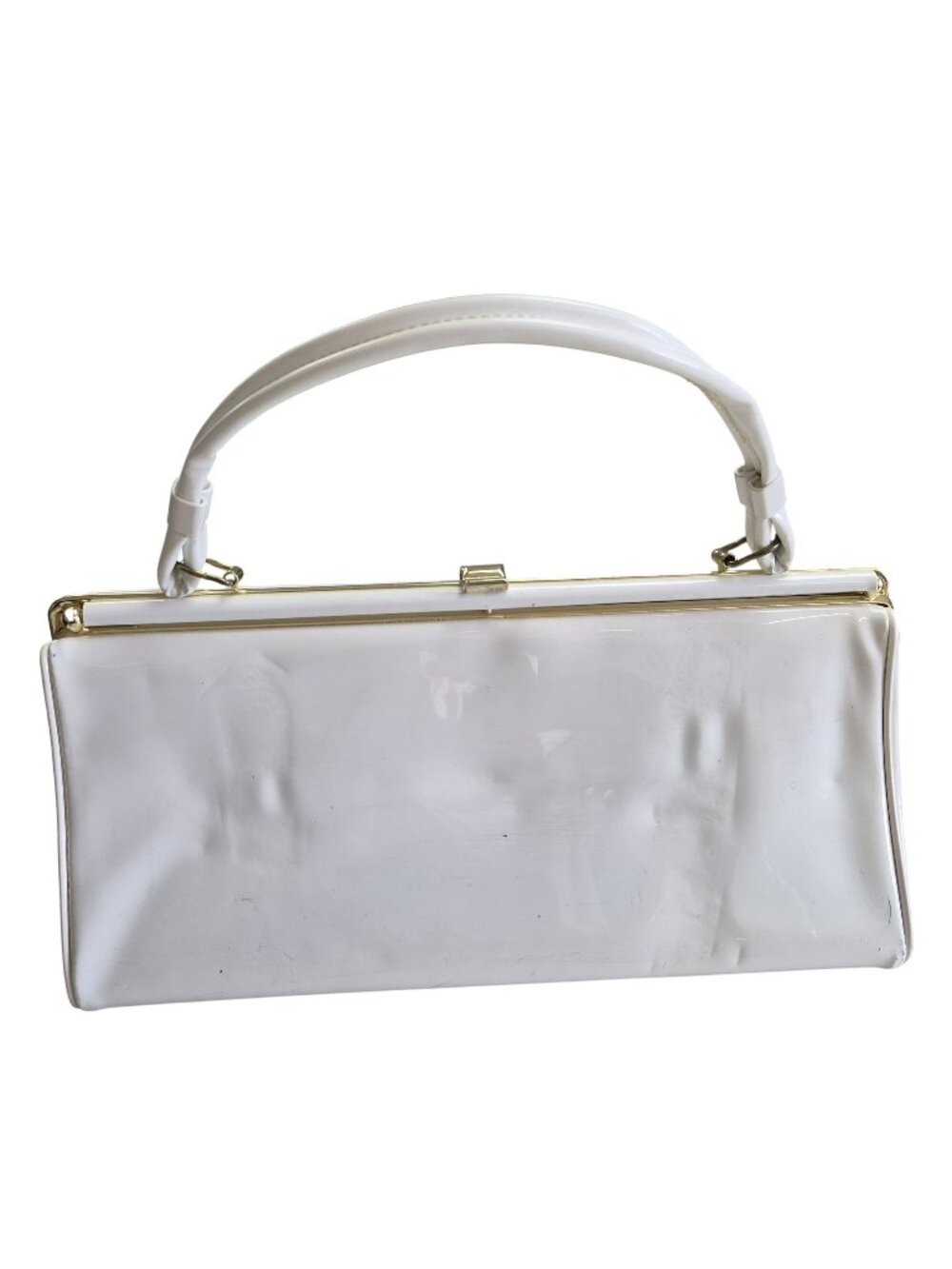 Retro White Shiny Vinyl Handbag Gold Frame Top Handle Clutch Purse Bag